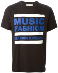 schwarzes bedrucktes T-Shirt mit einem Rundhalsausschnitt von Kitsune