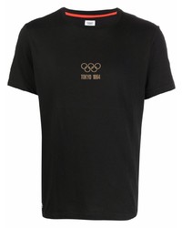 schwarzes bedrucktes T-Shirt mit einem Rundhalsausschnitt von Lacoste