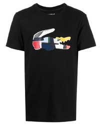 schwarzes bedrucktes T-Shirt mit einem Rundhalsausschnitt von Lacoste