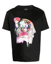 schwarzes bedrucktes T-Shirt mit einem Rundhalsausschnitt von Les Hommes