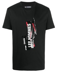 schwarzes bedrucktes T-Shirt mit einem Rundhalsausschnitt von Les Hommes