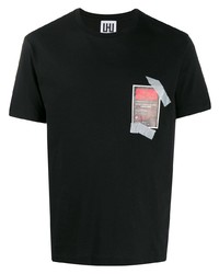 schwarzes bedrucktes T-Shirt mit einem Rundhalsausschnitt von Les Hommes Urban