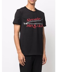 schwarzes bedrucktes T-Shirt mit einem Rundhalsausschnitt von Alexander McQueen