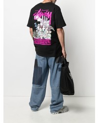 schwarzes bedrucktes T-Shirt mit einem Rundhalsausschnitt von Stussy