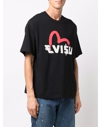 schwarzes bedrucktes T-Shirt mit einem Rundhalsausschnitt von Evisu