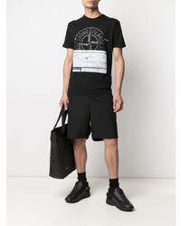 schwarzes bedrucktes T-Shirt mit einem Rundhalsausschnitt von Stone Island