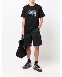 schwarzes bedrucktes T-Shirt mit einem Rundhalsausschnitt von Stussy