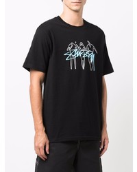 schwarzes bedrucktes T-Shirt mit einem Rundhalsausschnitt von Stussy