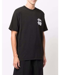 schwarzes bedrucktes T-Shirt mit einem Rundhalsausschnitt von Stussy