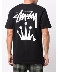 schwarzes bedrucktes T-Shirt mit einem Rundhalsausschnitt von Stussy