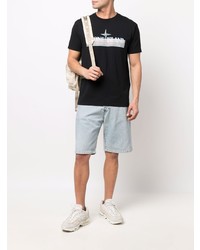 schwarzes bedrucktes T-Shirt mit einem Rundhalsausschnitt von Stone Island