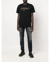 schwarzes bedrucktes T-Shirt mit einem Rundhalsausschnitt von Roberto Cavalli