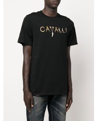 schwarzes bedrucktes T-Shirt mit einem Rundhalsausschnitt von Roberto Cavalli