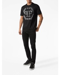 schwarzes bedrucktes T-Shirt mit einem Rundhalsausschnitt von Philipp Plein