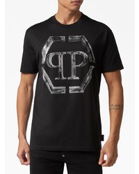 schwarzes bedrucktes T-Shirt mit einem Rundhalsausschnitt von Philipp Plein