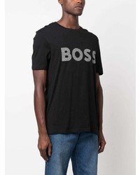 schwarzes bedrucktes T-Shirt mit einem Rundhalsausschnitt von BOSS