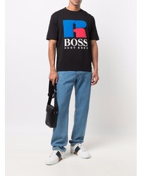 schwarzes bedrucktes T-Shirt mit einem Rundhalsausschnitt von BOSS