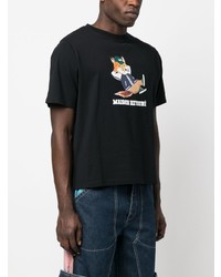 schwarzes bedrucktes T-Shirt mit einem Rundhalsausschnitt von MAISON KITSUNÉ