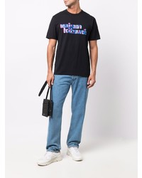 schwarzes bedrucktes T-Shirt mit einem Rundhalsausschnitt von MAISON KITSUNÉ