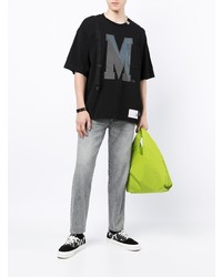 schwarzes bedrucktes T-Shirt mit einem Rundhalsausschnitt von Maison Mihara Yasuhiro