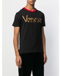 schwarzes bedrucktes T-Shirt mit einem Rundhalsausschnitt von Versace