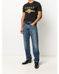 schwarzes bedrucktes T-Shirt mit einem Rundhalsausschnitt von Versace