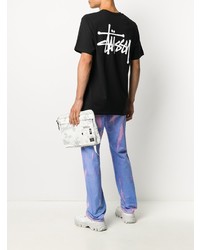 schwarzes bedrucktes T-Shirt mit einem Rundhalsausschnitt von Stussy