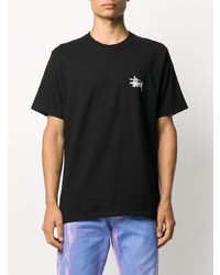 schwarzes bedrucktes T-Shirt mit einem Rundhalsausschnitt von Stussy