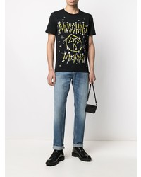 schwarzes bedrucktes T-Shirt mit einem Rundhalsausschnitt von Moschino