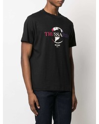 schwarzes bedrucktes T-Shirt mit einem Rundhalsausschnitt von Trussardi