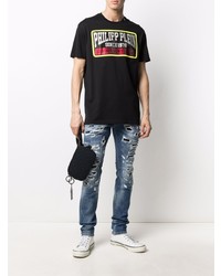 schwarzes bedrucktes T-Shirt mit einem Rundhalsausschnitt von Philipp Plein