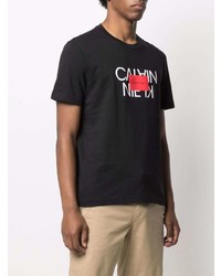 schwarzes bedrucktes T-Shirt mit einem Rundhalsausschnitt von Calvin Klein