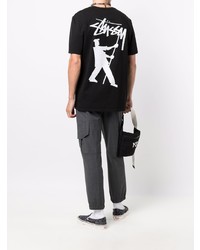 schwarzes bedrucktes T-Shirt mit einem Rundhalsausschnitt von Stussy