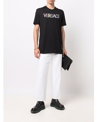 schwarzes bedrucktes T-Shirt mit einem Rundhalsausschnitt von Versace Collection