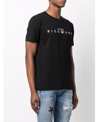 schwarzes bedrucktes T-Shirt mit einem Rundhalsausschnitt von John Richmond