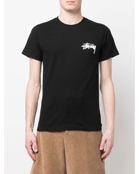 schwarzes bedrucktes T-Shirt mit einem Rundhalsausschnitt von Stussy