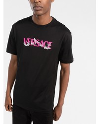 schwarzes bedrucktes T-Shirt mit einem Rundhalsausschnitt von Versace