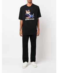 schwarzes bedrucktes T-Shirt mit einem Rundhalsausschnitt von MAISON KITSUNÉ