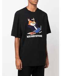 schwarzes bedrucktes T-Shirt mit einem Rundhalsausschnitt von MAISON KITSUNÉ