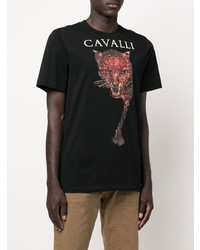 schwarzes bedrucktes T-Shirt mit einem Rundhalsausschnitt von Roberto Cavalli