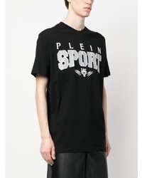 schwarzes bedrucktes T-Shirt mit einem Rundhalsausschnitt von Plein Sport