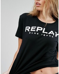 schwarzes bedrucktes T-Shirt mit einem Rundhalsausschnitt von Replay