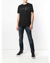 schwarzes bedrucktes T-Shirt mit einem Rundhalsausschnitt von Philipp Plein