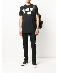 schwarzes bedrucktes T-Shirt mit einem Rundhalsausschnitt von Philipp Plein