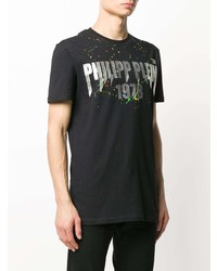 schwarzes bedrucktes T-Shirt mit einem Rundhalsausschnitt von Philipp Plein