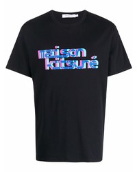 schwarzes bedrucktes T-Shirt mit einem Rundhalsausschnitt von MAISON KITSUNÉ