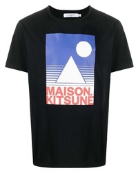 schwarzes bedrucktes T-Shirt mit einem Rundhalsausschnitt von MAISON KITSUNÉ