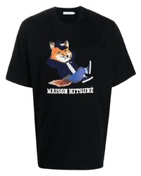 schwarzes bedrucktes T-Shirt mit einem Rundhalsausschnitt von MAISON KITSUNÉ