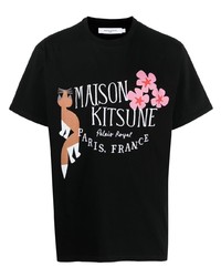 schwarzes bedrucktes T-Shirt mit einem Rundhalsausschnitt von MAISON KITSUNÉ