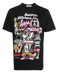 schwarzes bedrucktes T-Shirt mit einem Rundhalsausschnitt von MAISON KITSUNÉ